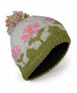Alternative view of Hand-knit Pure Wool Bobble Beanie Sea Pink Wild Flower Design PN051 Fine Knit