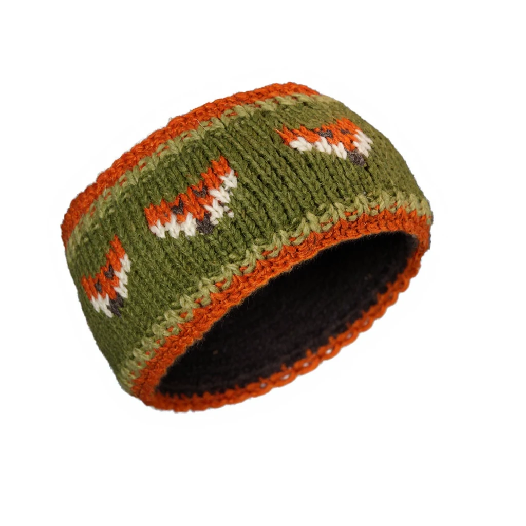 Pure Wool Hand Knitted Headband Fox Design Green HB081-GN - Image 2