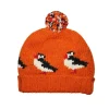 Pure Wool Hand-knitted Roll Up Bobble Beanie Puffin Orange 25RC01
