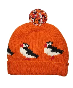 Alternative view of Pure Wool Hand-knitted Roll Up Bobble Beanie Puffin Orange 25RC01