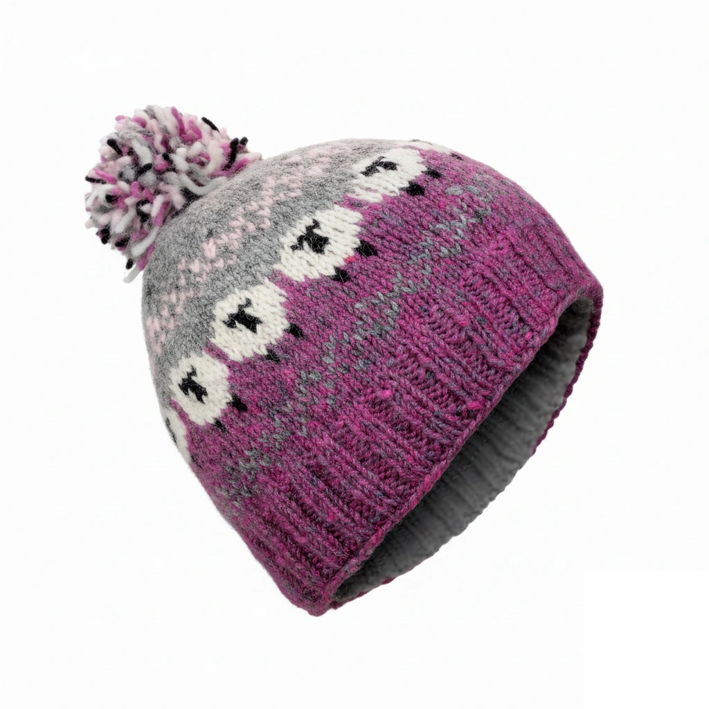 Hand Knitted Pure Wool Fair Isle Sheep Design Bobble Beanie Heather Pink NK232 - Image 2