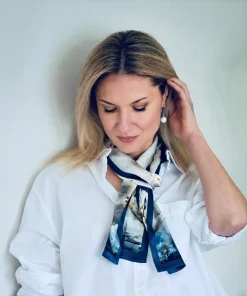 100% Mulberry Silk Scarf Versatile Double-sided Long Scarf Ink Wash Painting Design Blue