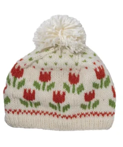 Alternative view of Hand-knitted Wool Bobble Beanie Tulip Design Cream KS001PP Fine Knit