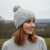 Hand knit Wool Winter Hat Aran Diamond Bobble Beanie Light Grey PN007 Fine Knit