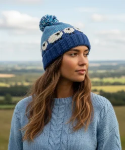 Handknitted Pure Wool Sheep Design Roll Back Winter Hat Bobble Beanie Navy Blue RC34