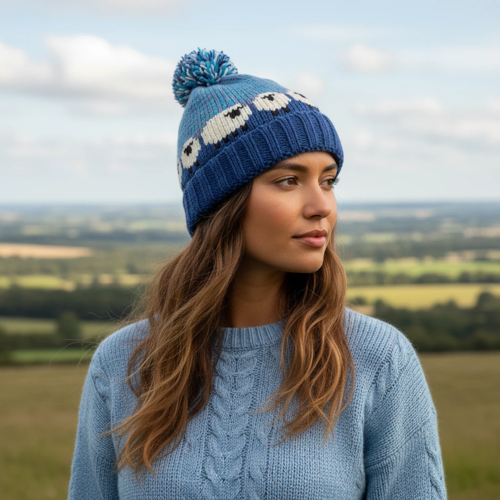 Handknitted Pure Wool Sheep Design Roll Back Winter Hat Bobble Beanie Navy Blue RC34