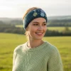 Hand Knitted Pure Wool Moss Stitch Headband With Embroidered Flowers HB075 Teal