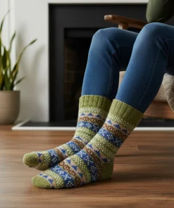 Pure Wool Warm Ladies Winter Fleece Lined Socks Fair Isle Pattern PNSK007 Fine Knit