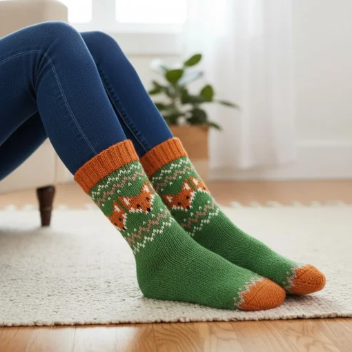 Pure Wool Warm Ladies Winter Socks Fleece Lined Fox Design PNSK001 Fine Knit