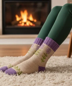 Pure Wool Warm Ladies Winter Socks Fleece Line Lavender Design PNSK005 Fine Knit