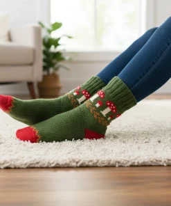 Pure Wool Warm Ladies Winter Socks Fleece Lined Mushroom Design PNSK006 Fine Knit