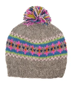 Alternative view of Hand-knitted Wool Bobble Beanie Grey and Pink Fleece Lined With Pompom NK012