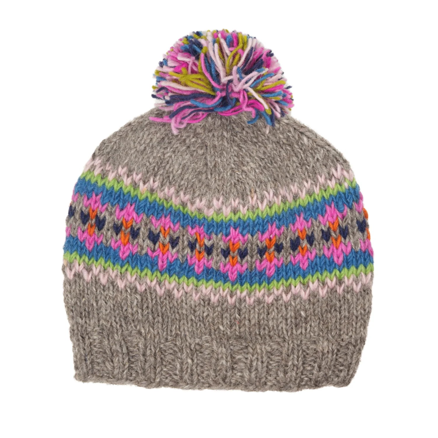 Hand-knitted Wool Bobble Beanie Grey and Pink Fleece Lined With Pompom NK012 - Image 2