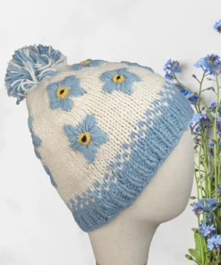 Hand-knit Pure Wool Bobble Beanie Forget Me Not Design Blue PN032 - Image 3