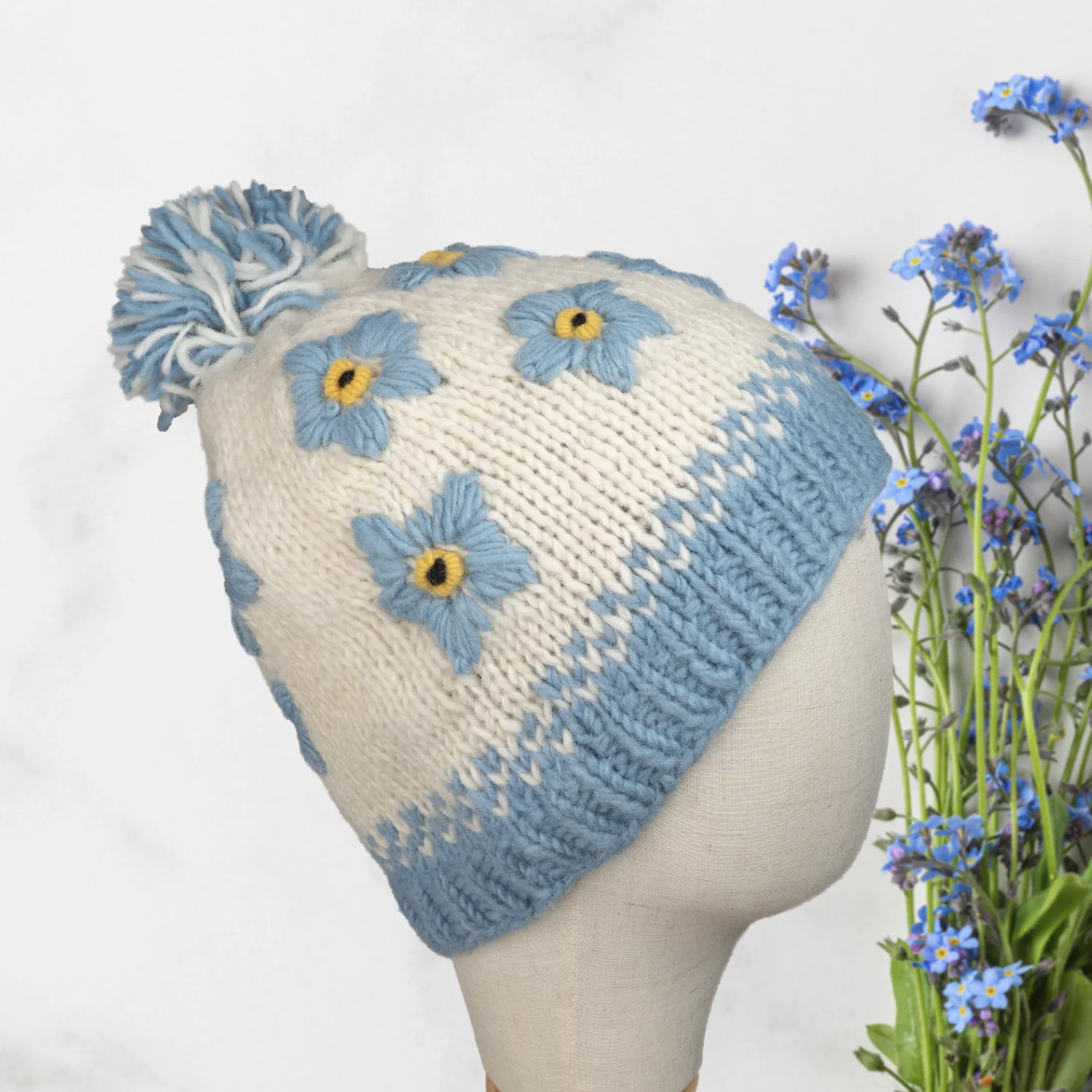 Hand-knit Pure Wool Bobble Beanie Forget Me Not Design Blue PN032 - Image 3
