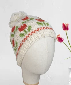 Hand-knitted Wool Bobble Beanie Tulip Design Cream KS001PP Fine Knit - Image 3