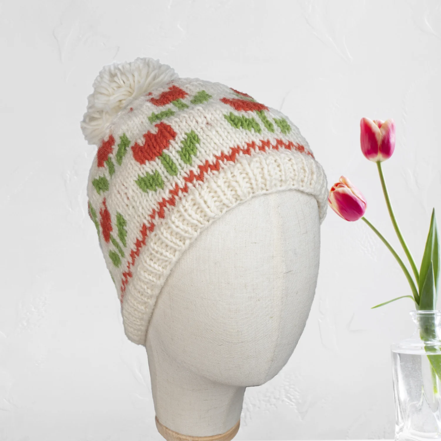 Hand-knitted Wool Bobble Beanie Tulip Design Cream KS001PP Fine Knit - Image 3