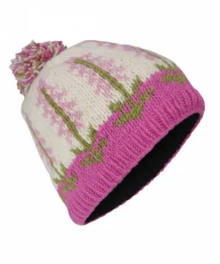 Alternative view of Hand-knitted Wool Foxgloves Design Bobble Beanie Pink PN030 Fine Knit