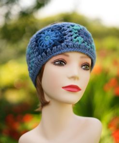 Blue Multicolored Pure Wool Hand Crocheted Headband With Inner Fleece Wo86