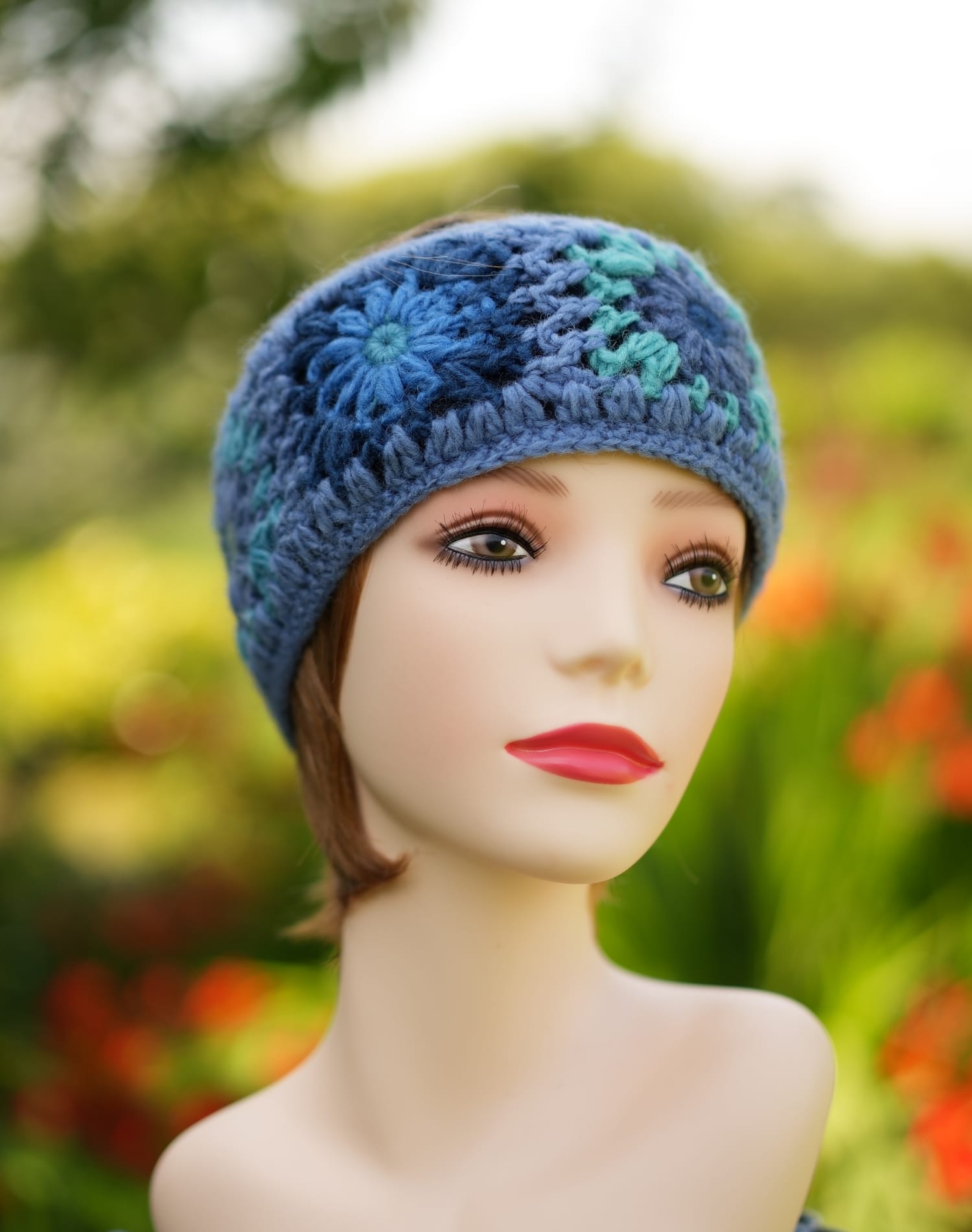 Blue Multicolored Pure Wool Hand Crocheted Headband With Inner Fleece Wo86