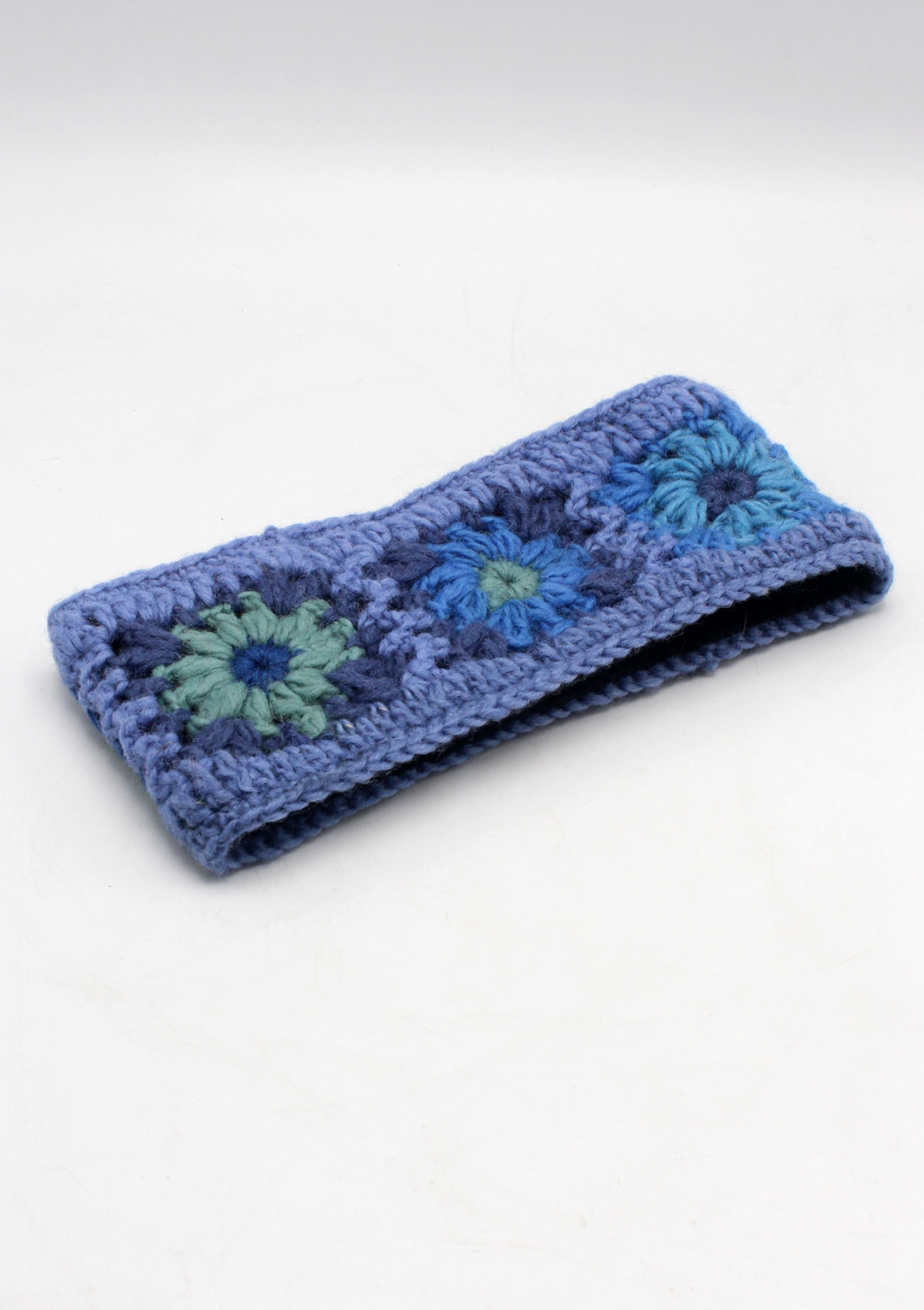 Blue Multicolored Pure Wool Hand Crocheted Headband With Inner Fleece Wo86