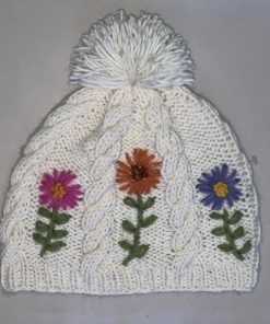 Hand-knit Pure Wool Bobble Beanie Embroidery Daisy Flower Design PN049