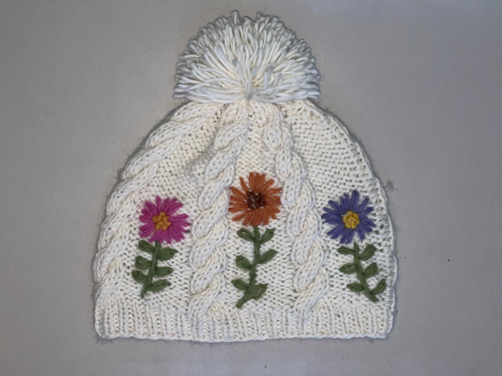 Hand-knit Pure Wool Bobble Beanie Embroidery Daisy Flower Design PN049