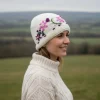 Hand-knit Pure Wool Bobble Beanie Embroidery Irish Wild Flower Design NC002 Cream