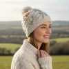 Hand-knit Pure Wool Bobble Beanie Embroidery Irish Wild Flower Design PN038