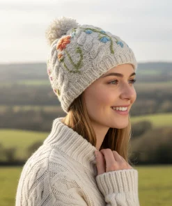 Hand-knit Pure Wool Bobble Beanie Embroidery Irish Wild Flower Design PN038