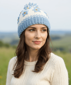 Hand-knit Pure Wool Bobble Beanie Forget Me Not Design Blue PN032