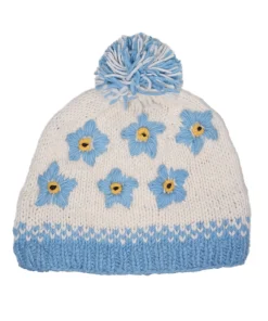 Hand-knit Pure Wool Bobble Beanie Forget Me Not Design Blue PN032 - Image 2