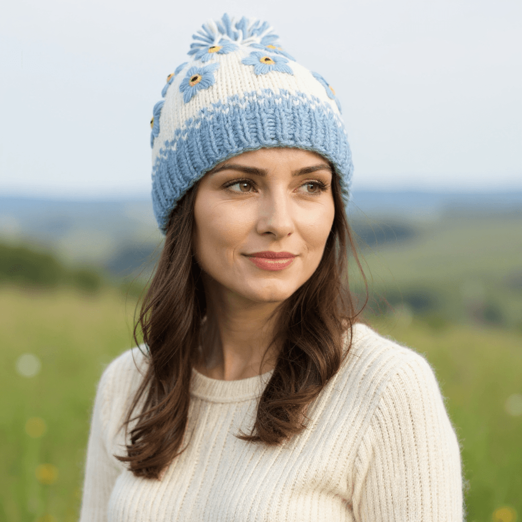 Hand-knit Pure Wool Bobble Beanie Forget Me Not Design Blue PN032