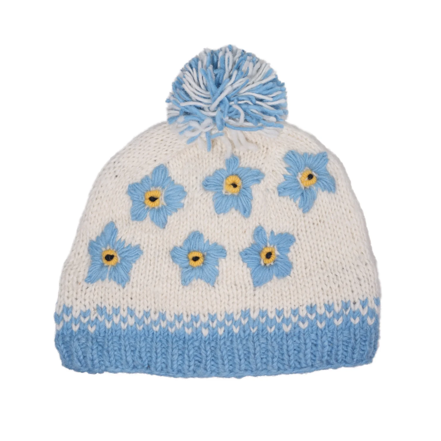 Hand-knit Pure Wool Bobble Beanie Forget Me Not Design Blue PN032 - Image 2