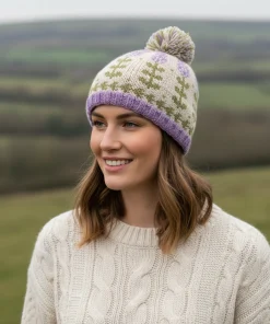 Hand Knit Pure Wool Bobble Beanie Lavender Design PN040 Fine Knit