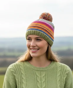 Hand Knit Pure Wool Bobble Beanie Multicolour Striped Design PN045