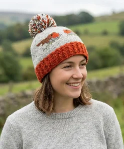 Hand Knit Pure Wool Bobble Beanie Robin Design NK008 Grey Fine Knit