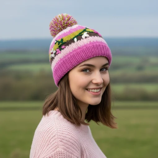 Hand Knit Pure Wool Embroidered Floral Bobble Beanie Design NC001 Fine Knit