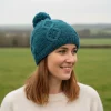Hand knit Wool Winter Hat Aran Diamond Bobble Beanie Dark Turquoise PN007 Fine Knit