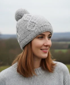 Hand knit Wool Winter Hat Aran Diamond Bobble Beanie Light Grey PN007 Fine Knit