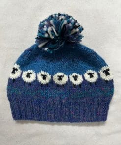 Hand Knitted Pure Wool Fair Isle Sheep Design Bobble Beanie Denim Blue NK255 - Image 3