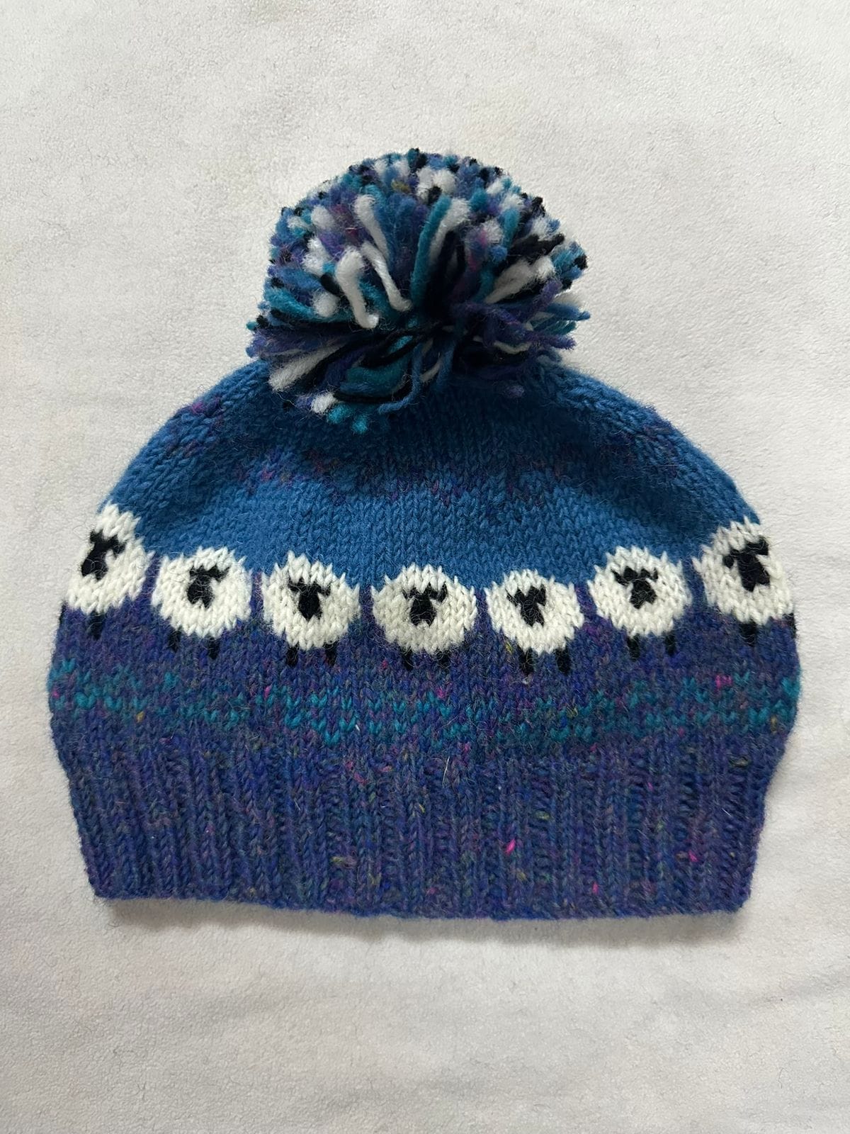 Hand Knitted Pure Wool Fair Isle Sheep Design Bobble Beanie Denim Blue NK255 - Image 3