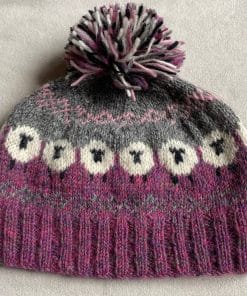 Hand Knitted Pure Wool Fair Isle Sheep Design Bobble Beanie Heather Pink NK232 - Image 3