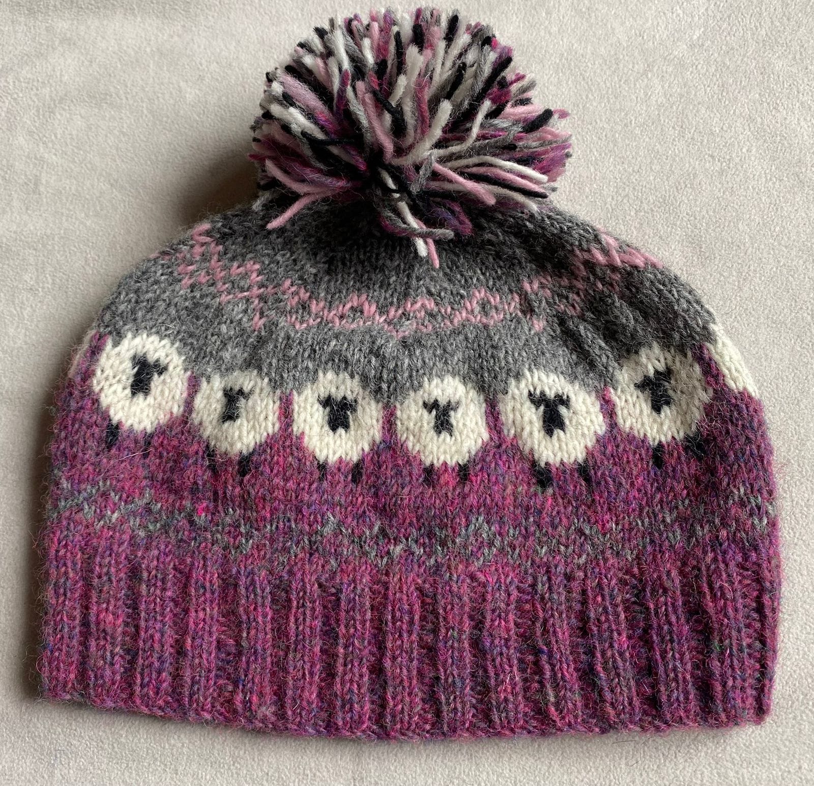 Hand Knitted Pure Wool Fair Isle Sheep Design Bobble Beanie Heather Pink NK232 - Image 3