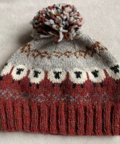 Hand Knitted Pure Wool Fair Isle Sheep Design Unisex Bobble Beanie Rust Heather NK254 - Image 3