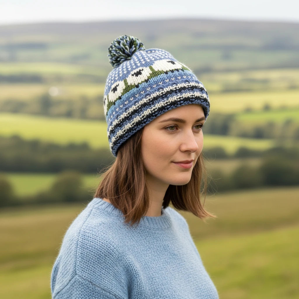 Hand Knitted Pure Wool Flock of Sheep Roll Back Winter Hat Bobble Beanie Denim Blue RC28