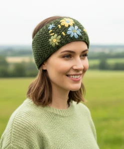 Hand Knitted Pure Wool Moss Stitch Headband With Embroidered Flowers HB075 Green