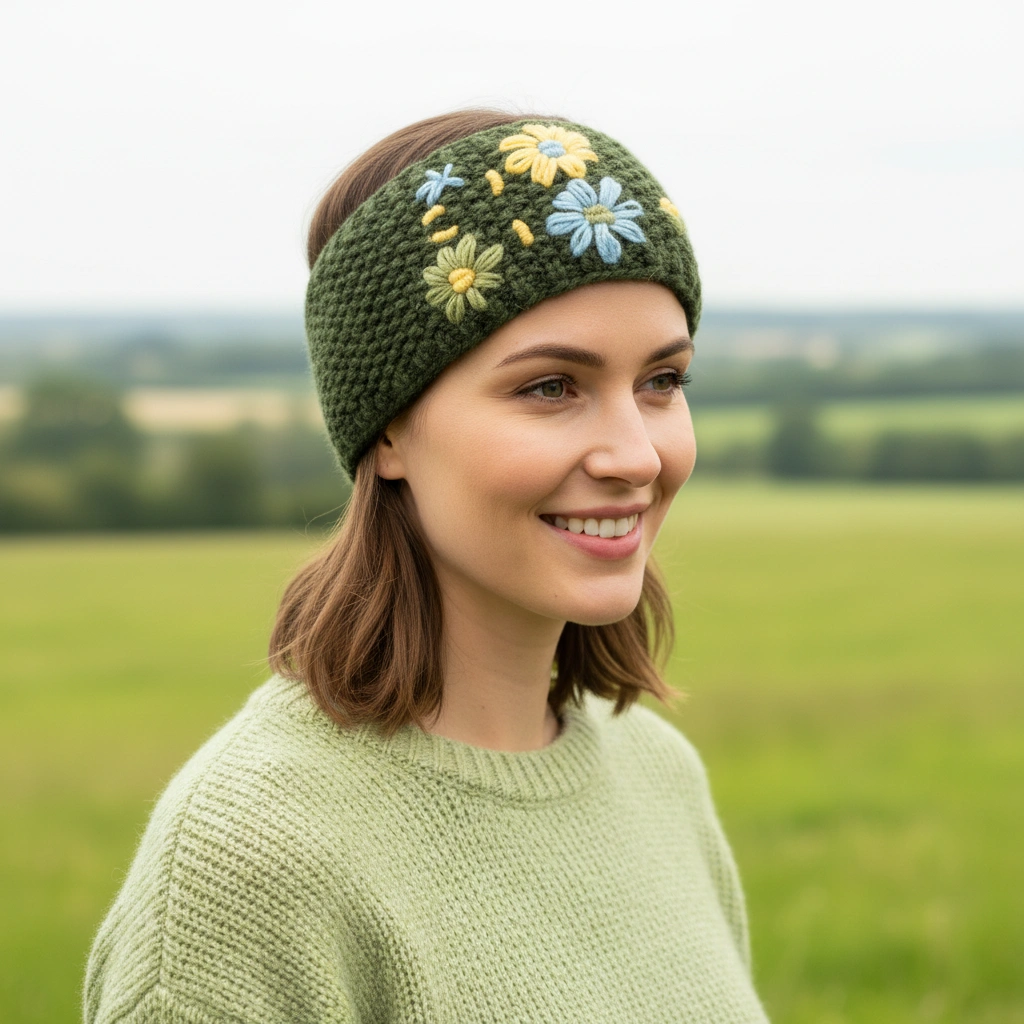 Hand Knitted Pure Wool Moss Stitch Headband With Embroidered Flowers HB075 Green