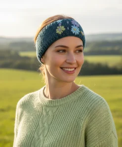 Hand Knitted Pure Wool Moss Stitch Headband With Embroidered Flowers HB075 Teal
