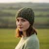 Hand-Knitted Supersoft Merino Beanie Unlined With Tradition Aran Stitching Olive Green YLC4